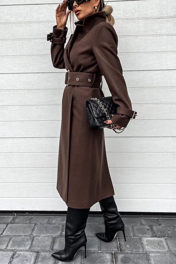 Style Expedition Woolen Belted Metal Button Lapel Midi Trench Coat