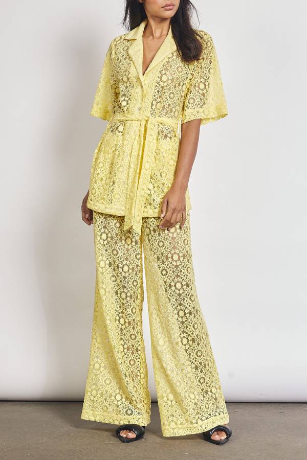 The Sun Shines Floral Lace Button Up Belted Lapel Loose Shirt