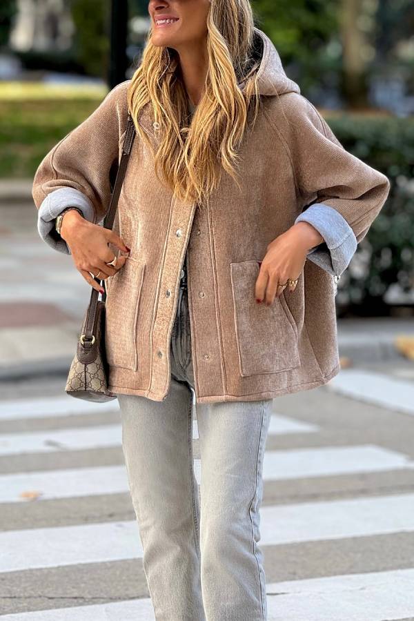 Khaki Hooded Oversized Casual Jacket