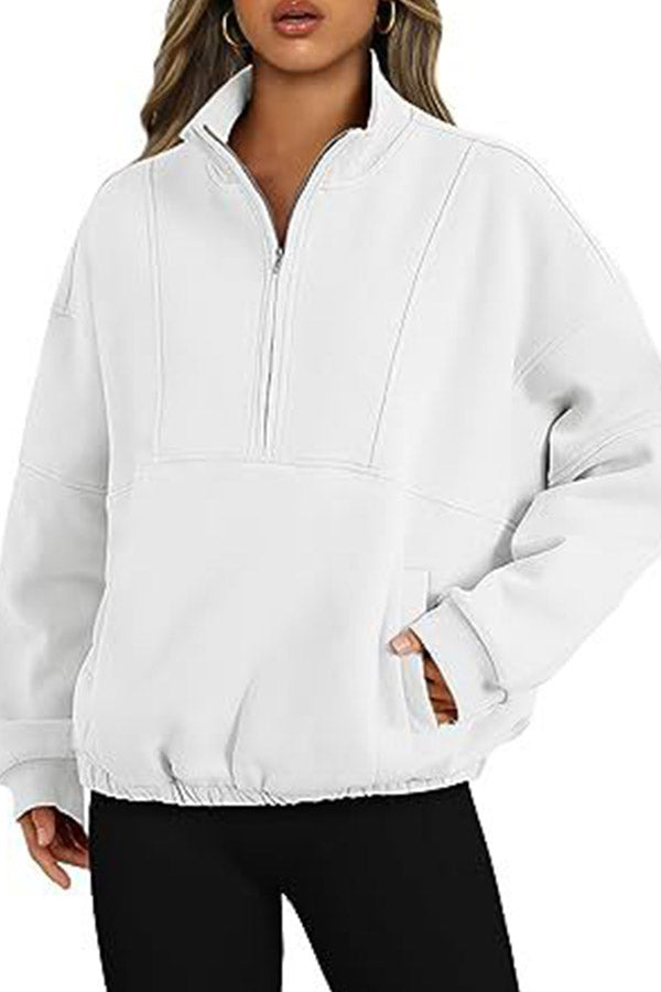 Zip Pocket Pullover Stand Collar Long Sleeve Top