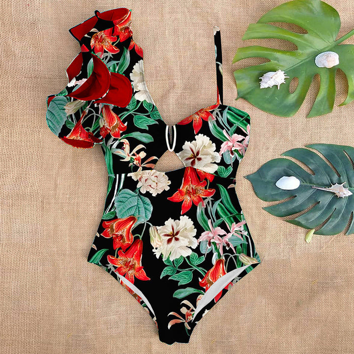 One-shoulder bodycon ruffled swimsuit