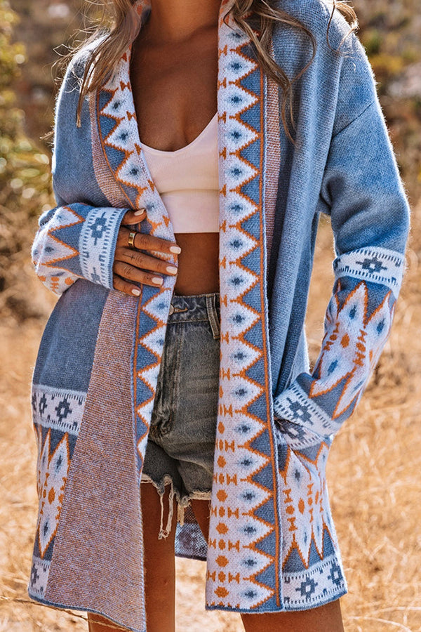 CELIN | Women's Sweaters Blue Aztec Print Open Front Knitted Cardigan