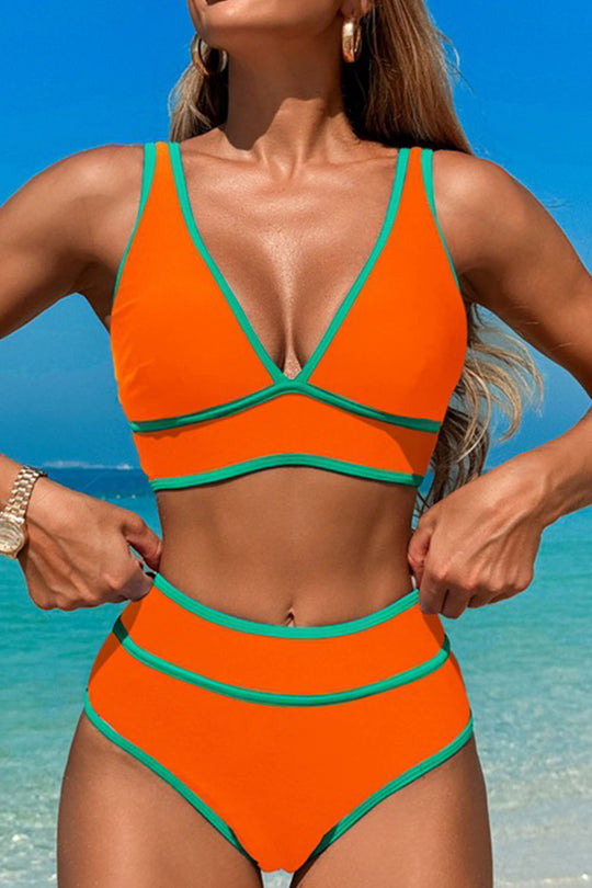 V-neck colour-stitched two-piece swimsuit