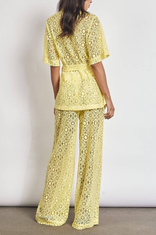 The Sun Shines Floral Lace Button Up Belted Lapel Loose Shirt