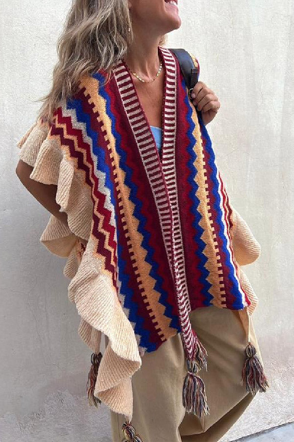 LIA | Ruffled ethnic style knitted cardigan