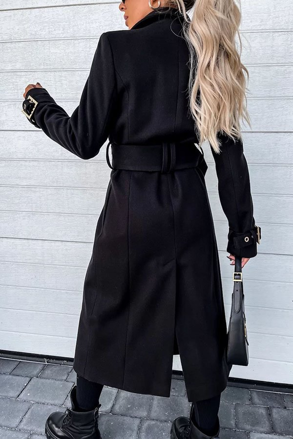 Style Expedition Woolen Belted Metal Button Lapel Midi Trench Coat