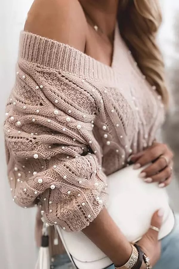 Too Elegant V Neck Pullover Beaded Long Sleeve Sweater