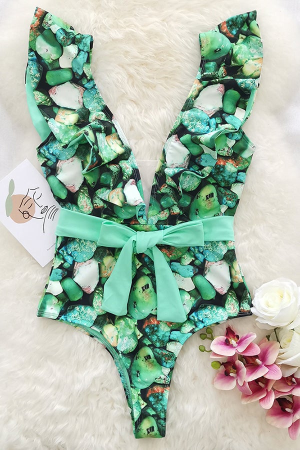 Deep V Print Ruffled One-piece Swimsuit