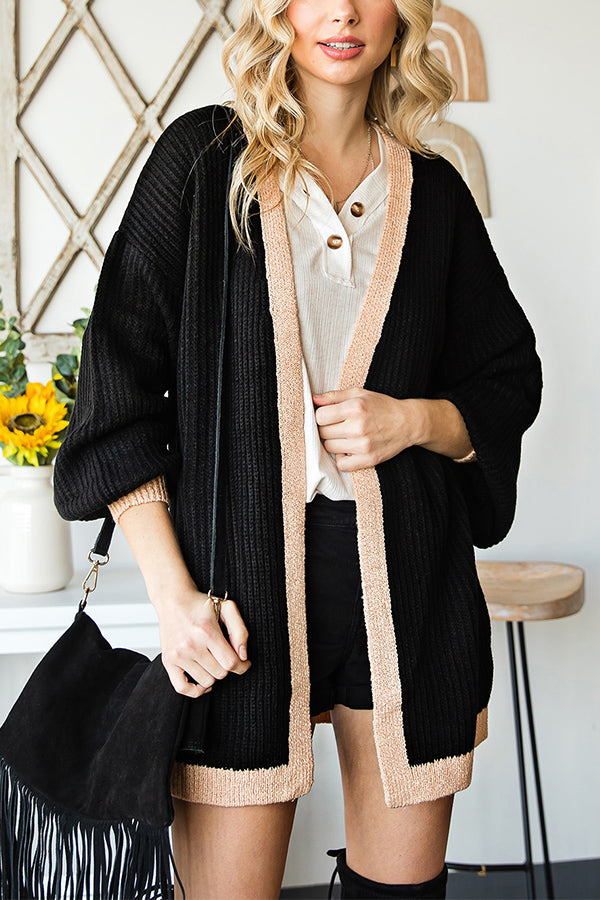 IMADIA | Black Bishop Sleeve Colorblock Open Front Cardigan Sweater