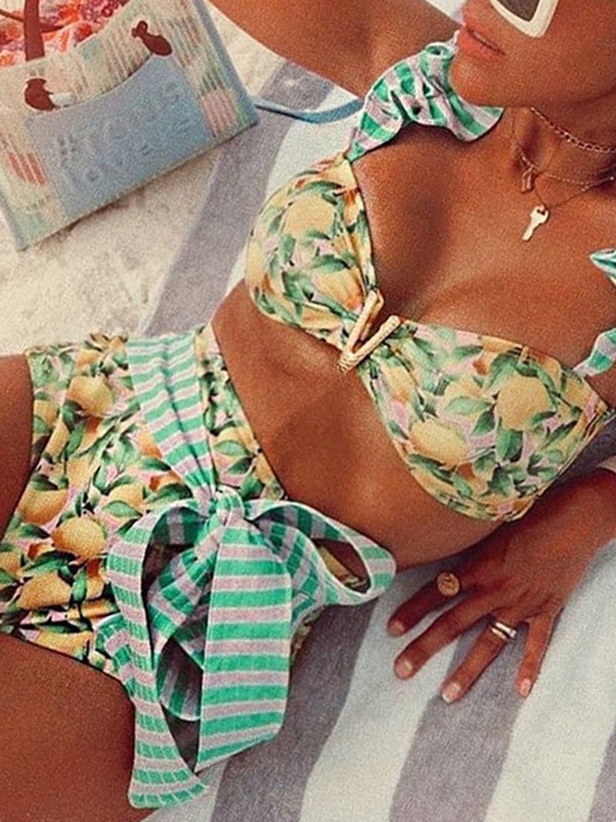 Bandage Ruffle Flower Print Bikini Set