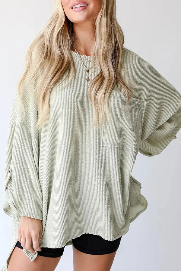 LG Pocket Crew Neck Button Down Long Sleeve Top