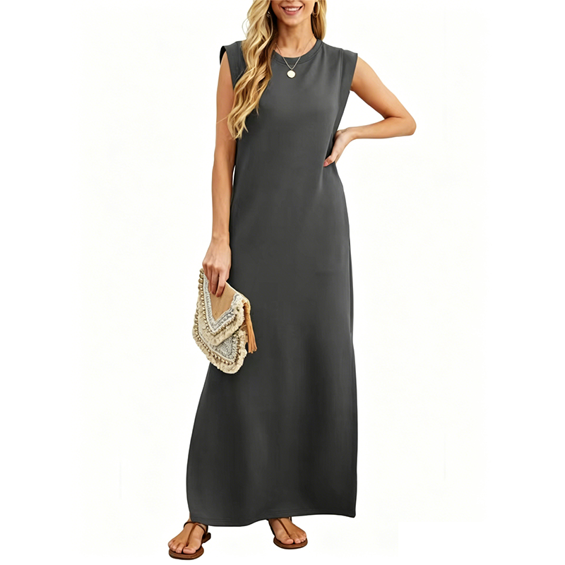 Casual Sleeveless Crew-Neck Maxi Dress