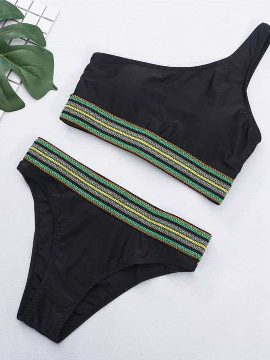 One Shoulder Strap Black Bikini Set