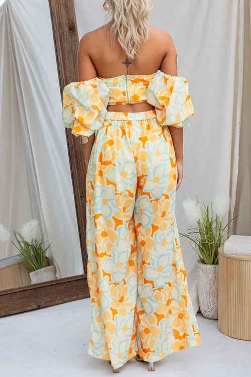 Off Shoulder Puff Sleeves Printed Crop Top
