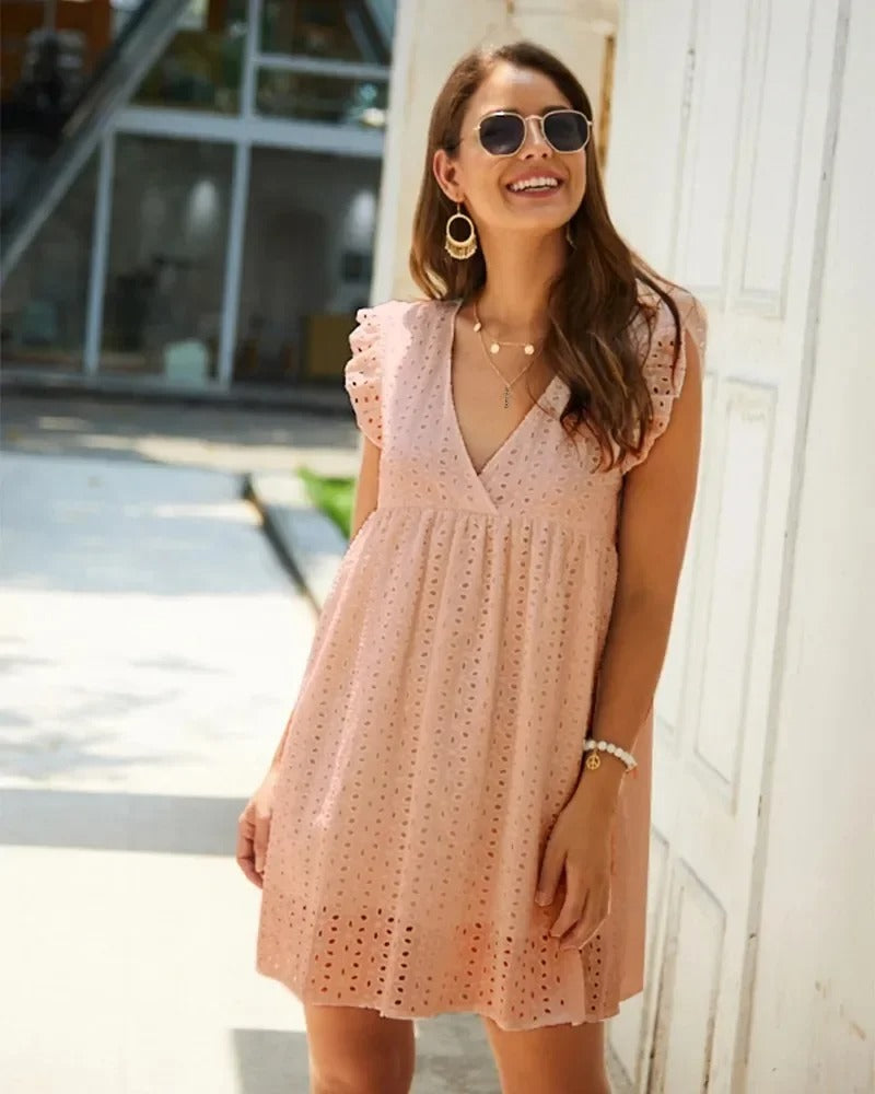 Luciennea | Broderie V-Neck Midi Dress