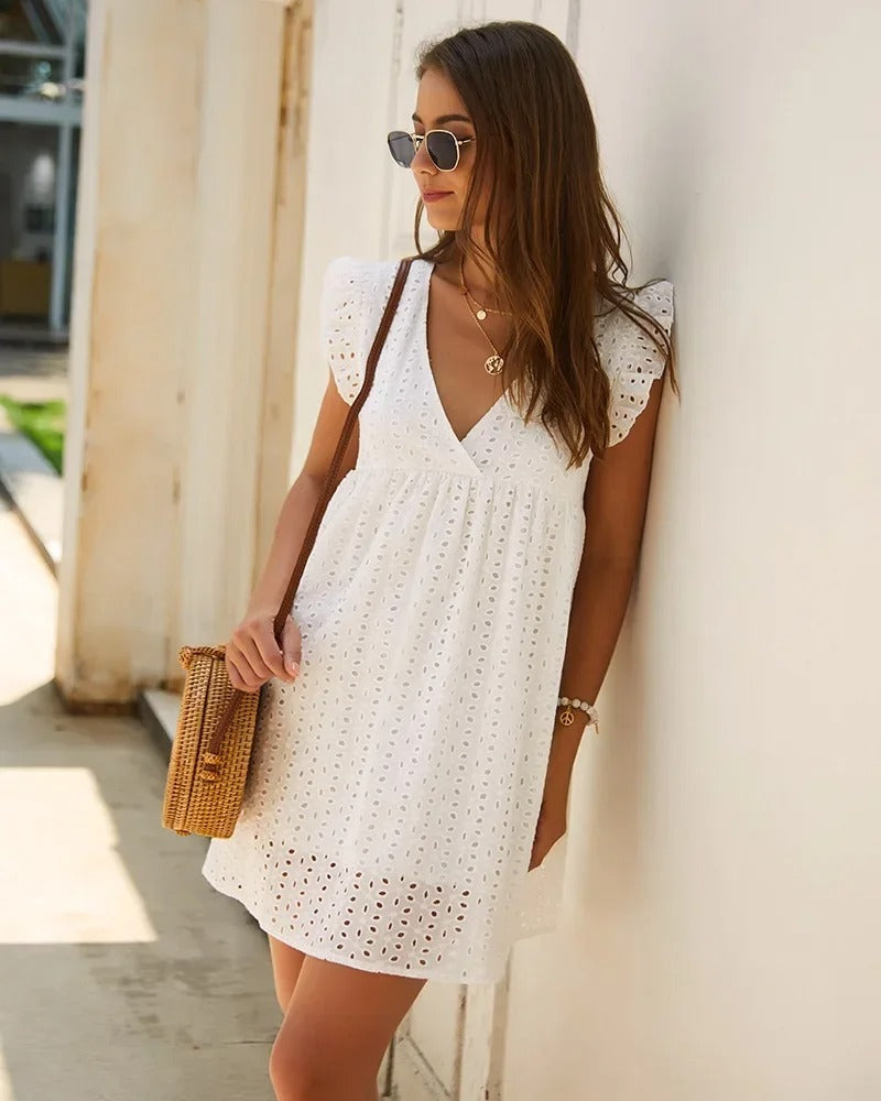 Luciennea | Broderie V-Neck Midi Dress