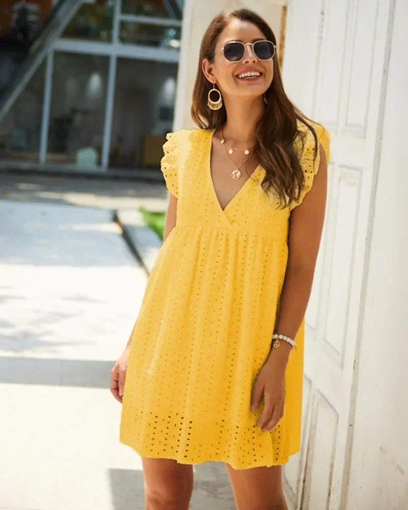 Luciennea | Broderie V-Neck Midi Dress