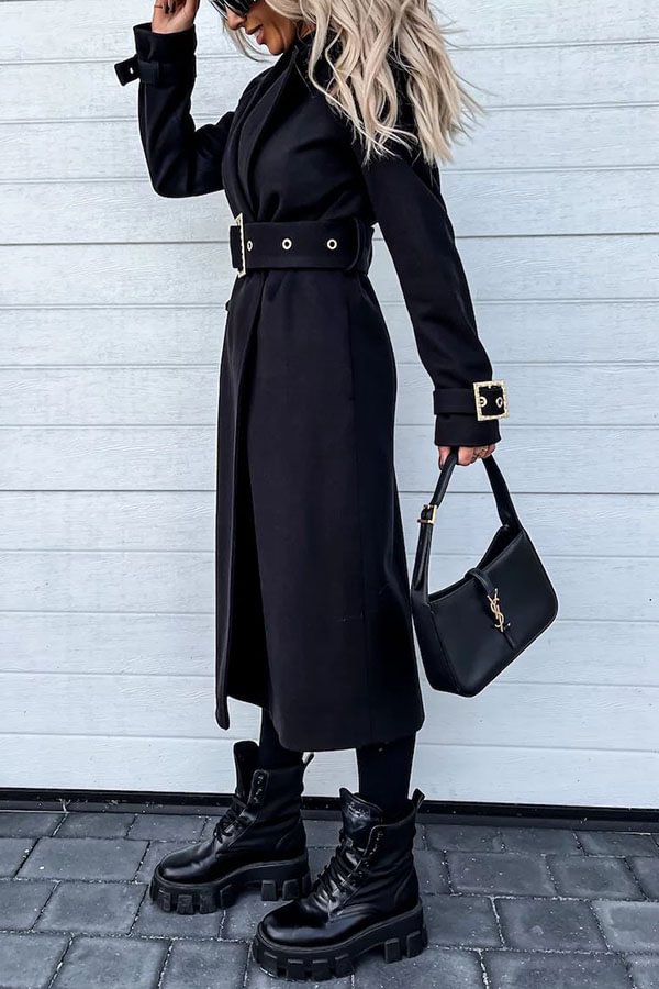 Style Expedition Woolen Belted Metal Button Lapel Midi Trench Coat