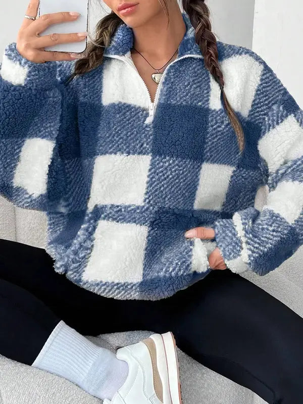 MALDAT - Chic Plaid Print Half Zip