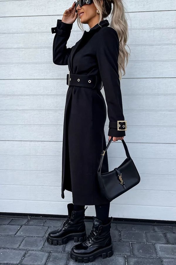 Style Expedition Woolen Belted Metal Button Lapel Midi Trench Coat