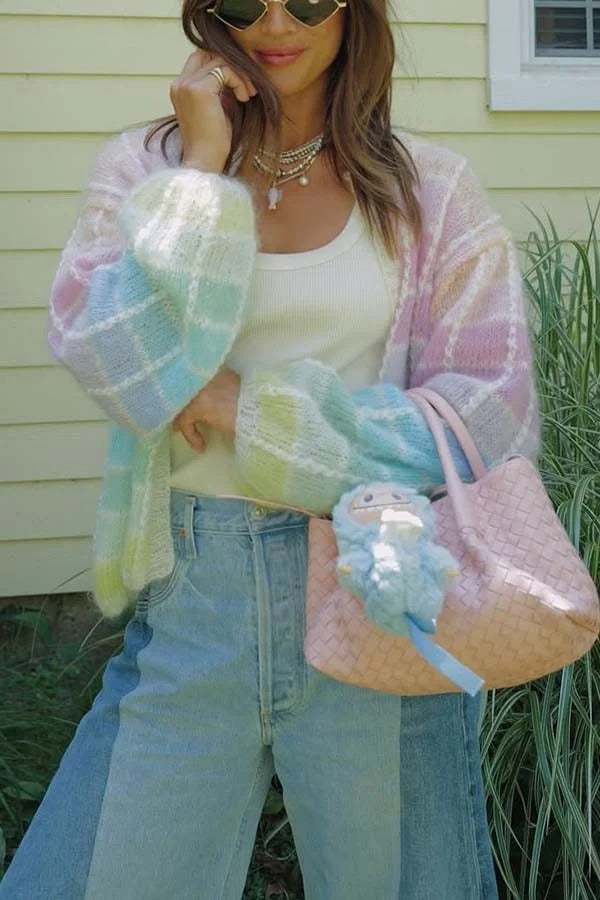 SHINE | Knit Color Blocks Open Front Balloon Sleeve Loose Cardigan