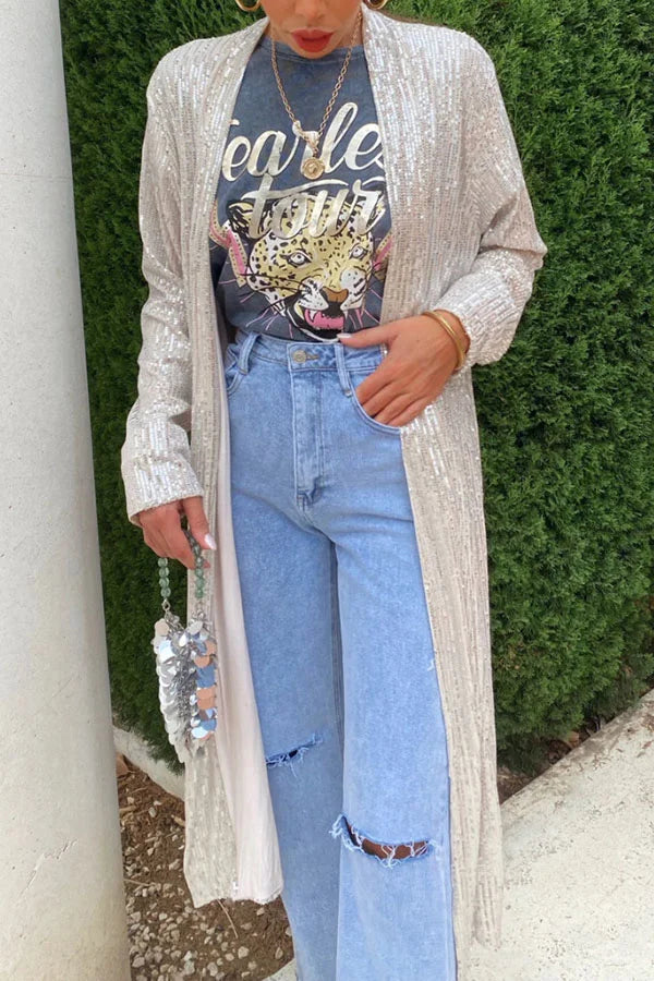 Shine Bright Sequin Long Sleeve Open Front Drape Midi Kimono