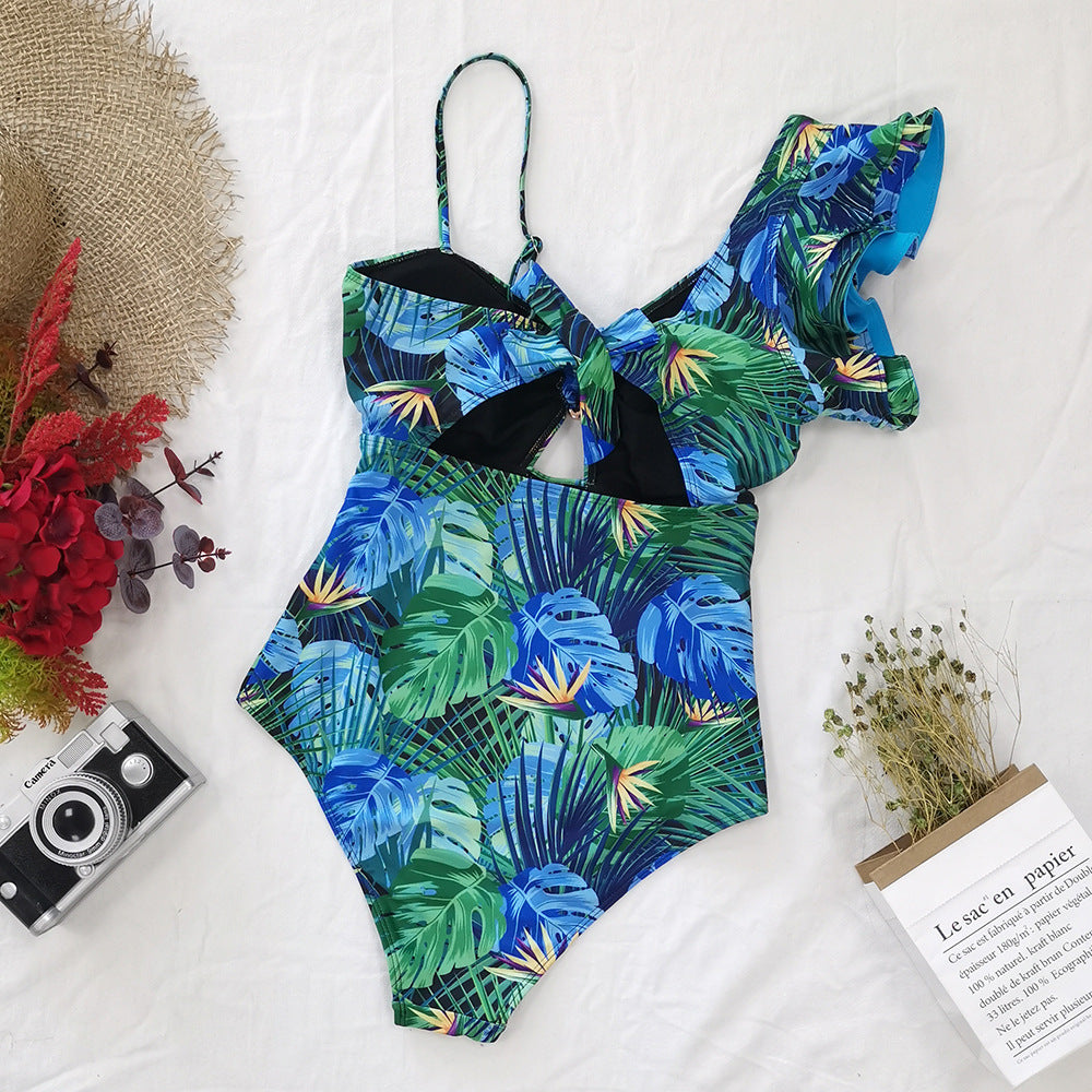 One-shoulder bodycon ruffled swimsuit