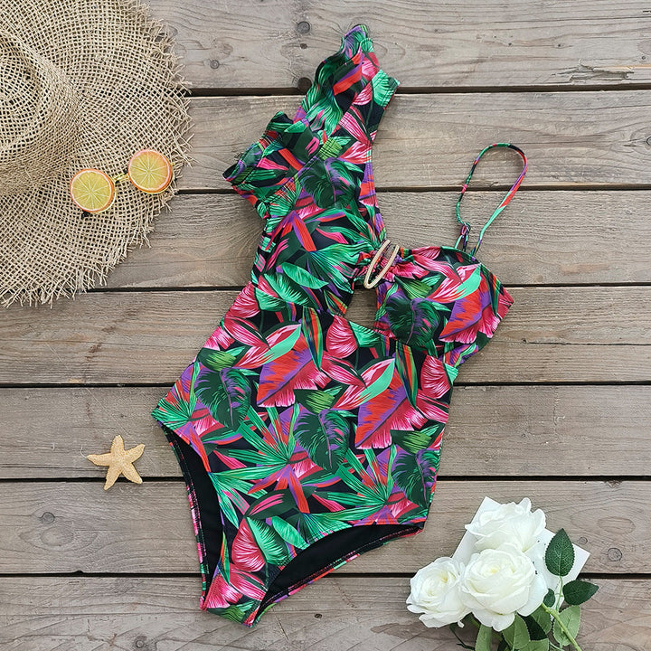 One-shoulder bodycon ruffled swimsuit