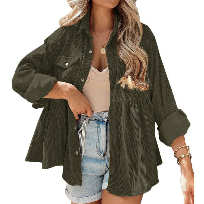 women's long sleeve corduroy ruffled shirt top button down shirt