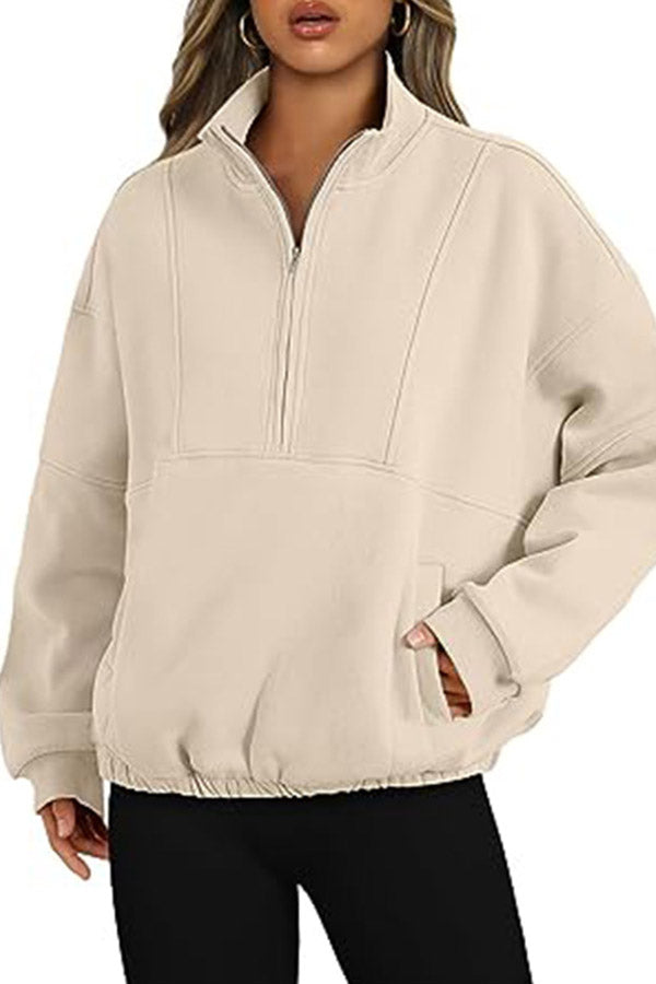 Zip Pocket Pullover Stand Collar Long Sleeve Top
