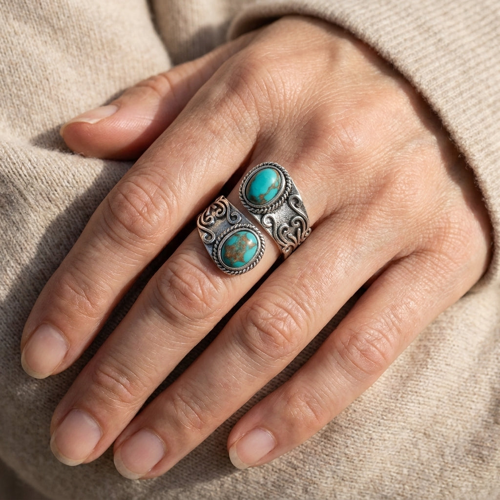 Calista Wrapped Ring in Silver with Double Turquoise