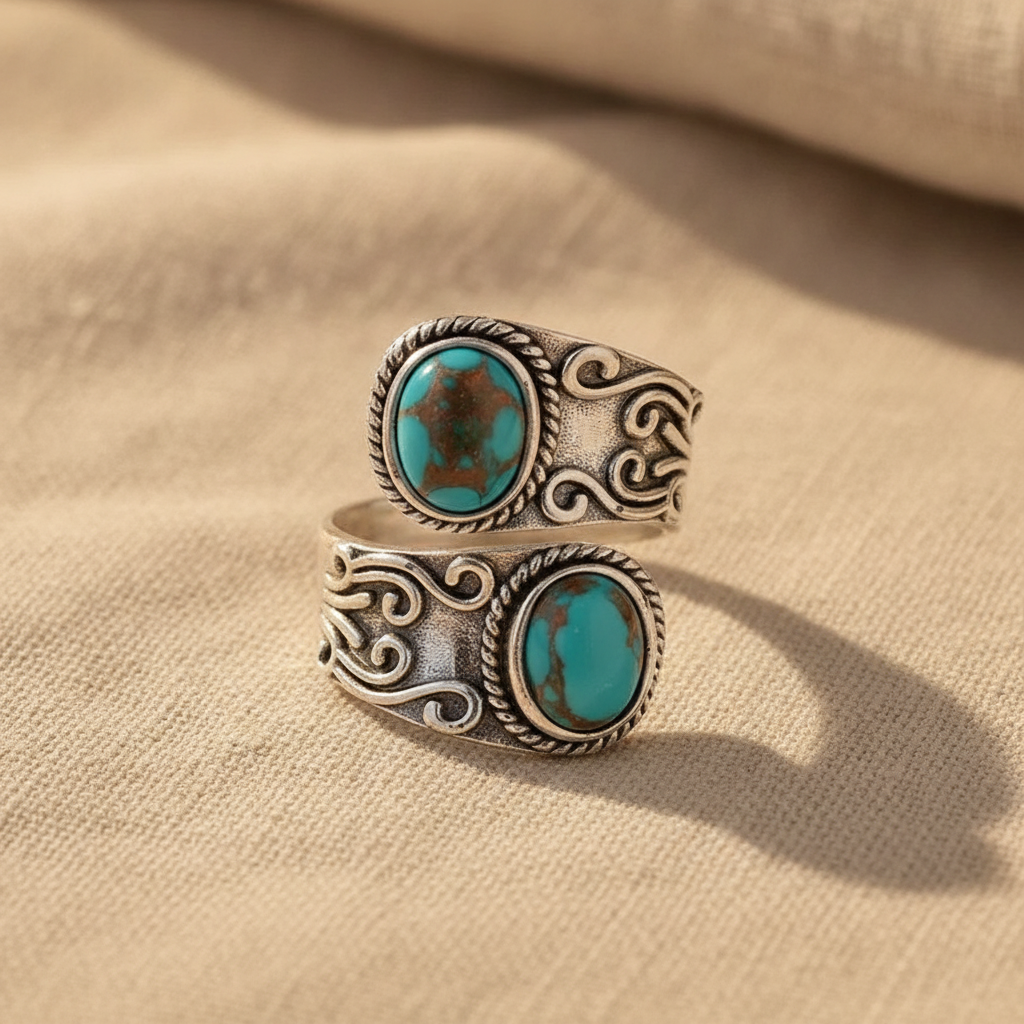 Calista Wrapped Ring in Silver with Double Turquoise