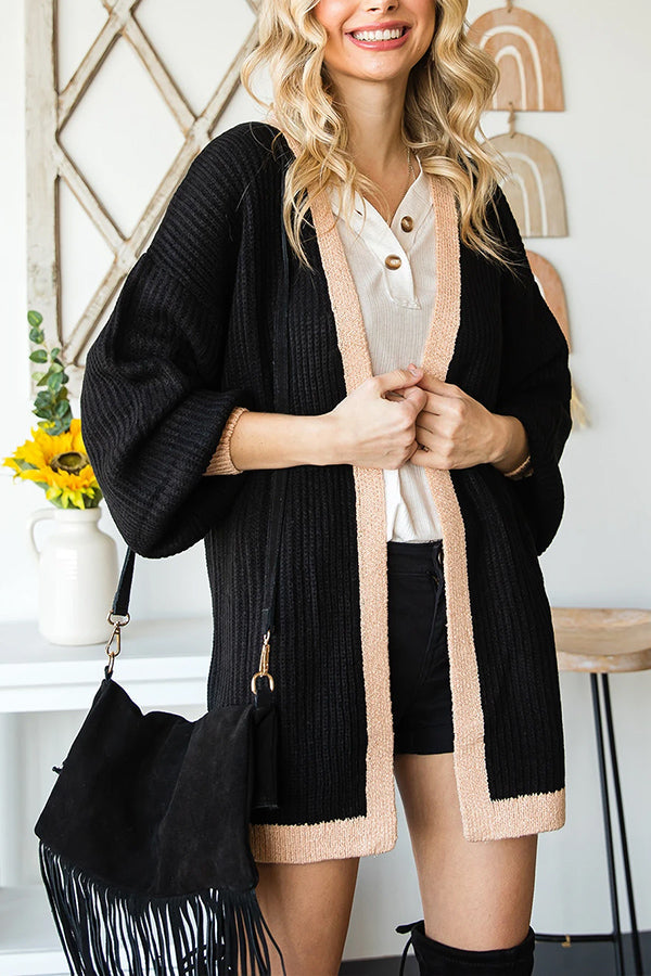 IMADIA | Black Bishop Sleeve Colorblock Open Front Cardigan Sweater