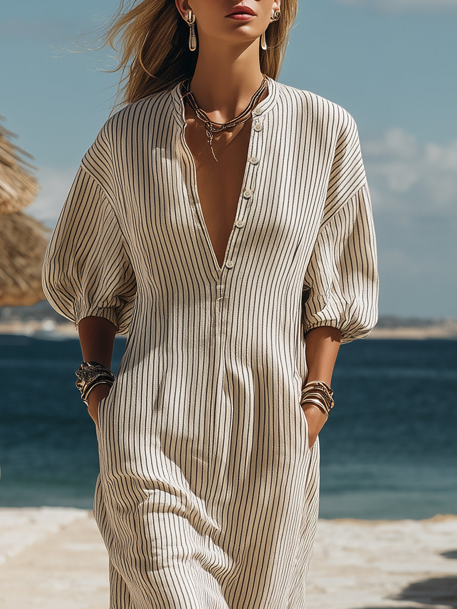Sienna | Bohemian Striped Button Midi Dress
