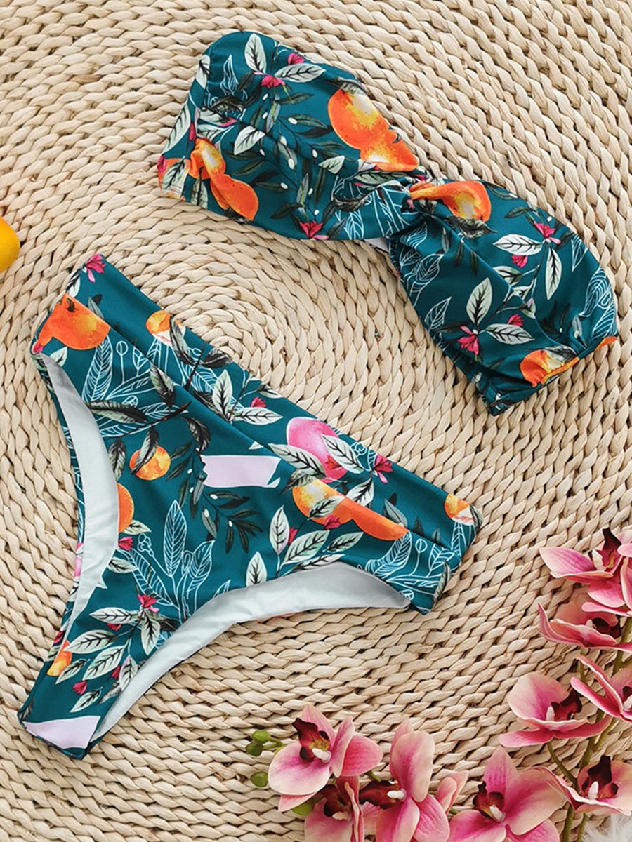 Print Strapless High Waist Bikini Set