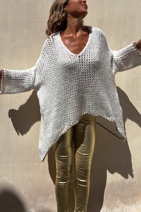 Chill Touch Knit Stripe Trim Loose Pullover Sweater