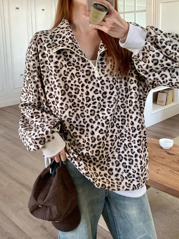 INGRIDT - Zip-Up Front Leopard Print Sweatshirt