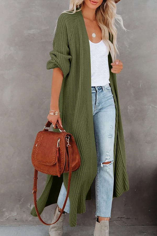 CINDY | Pickle Green Cable Knit Side Slits Open Front Duster Cardigan