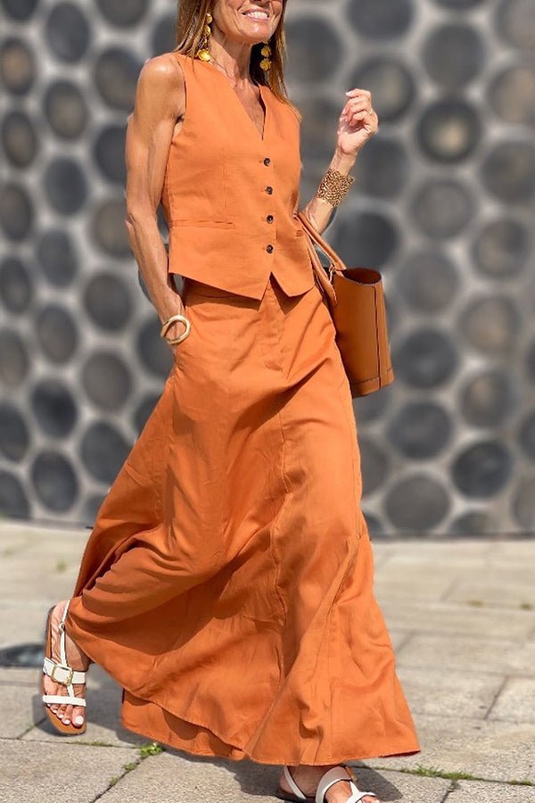 ORANGE | Button Vest Skirt Set