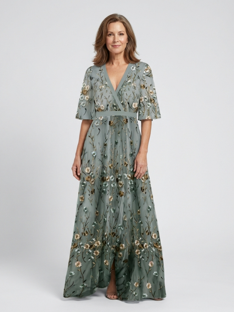 Evadne™ - Floral V Neck Short Sleeve Maxi Dress