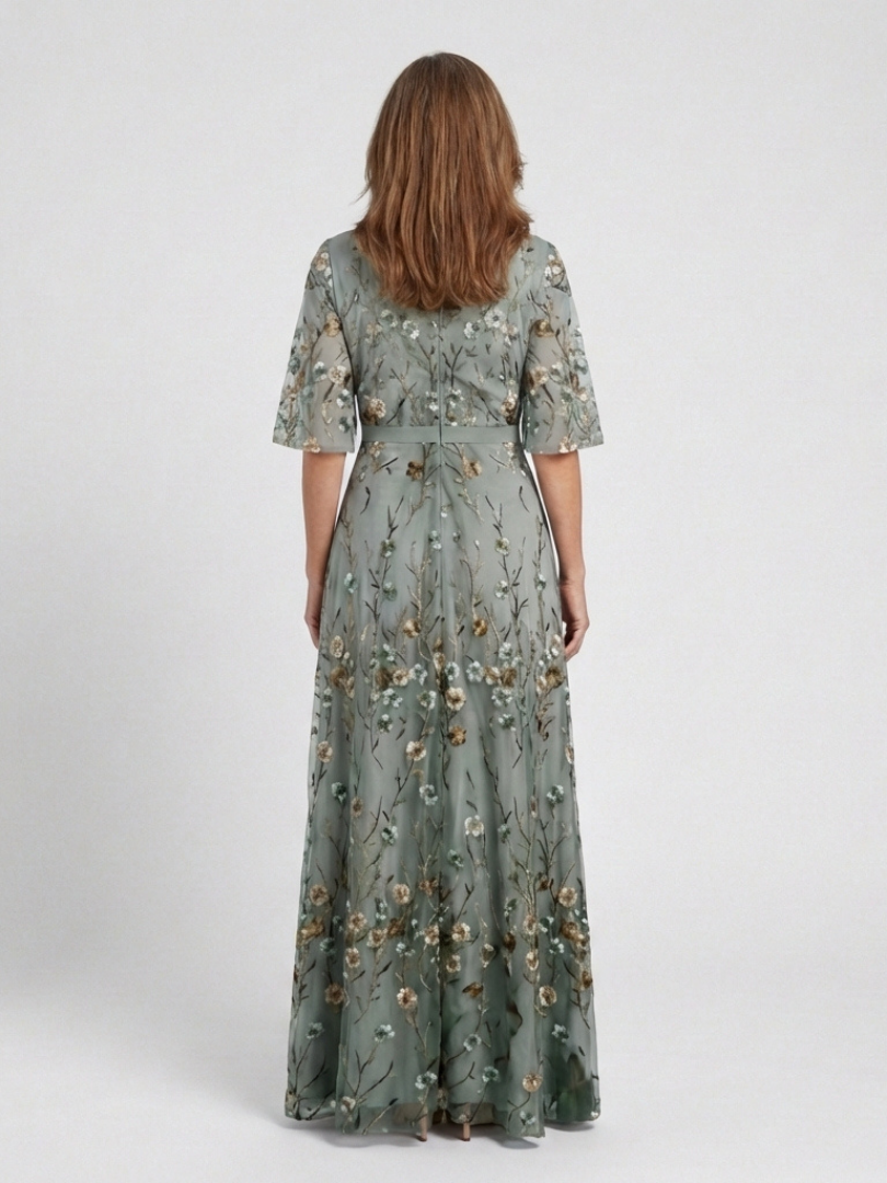 Evadne™ - Floral V Neck Short Sleeve Maxi Dress