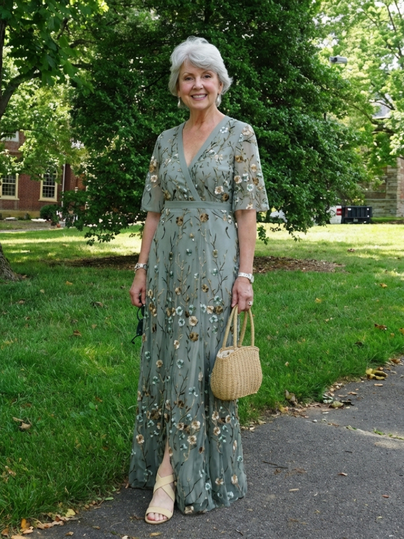 Evadne™ - Floral V Neck Short Sleeve Maxi Dress