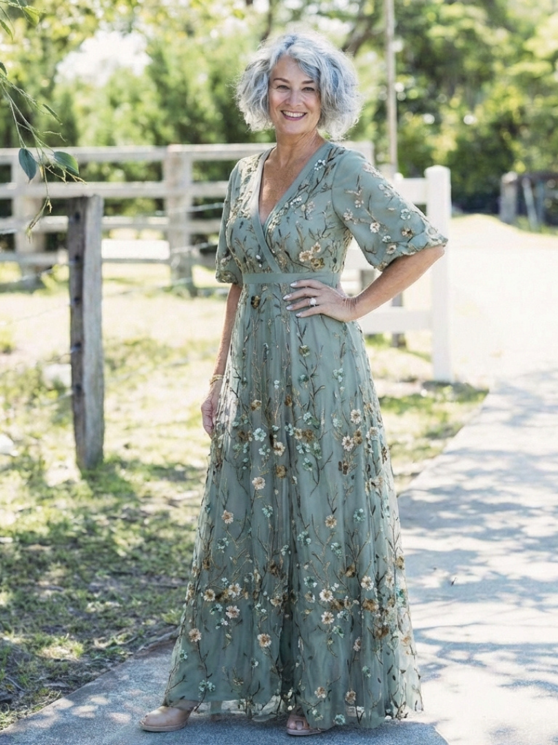 Evadne™ - Floral V Neck Short Sleeve Maxi Dress