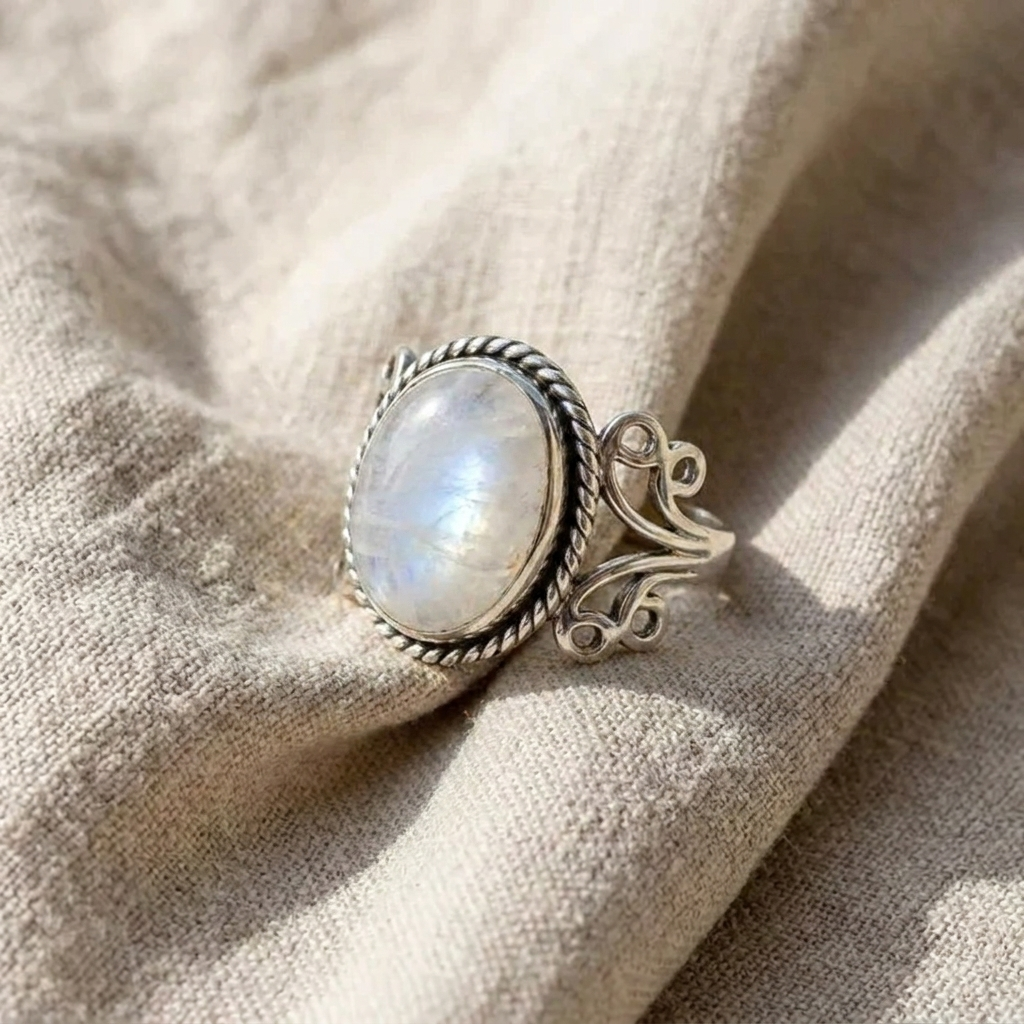 Ring with oval moonstone and swirl band