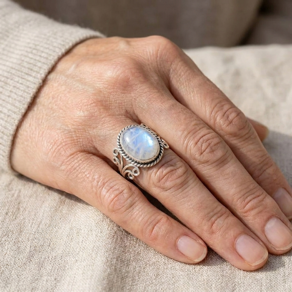 Ring with oval moonstone and swirl band