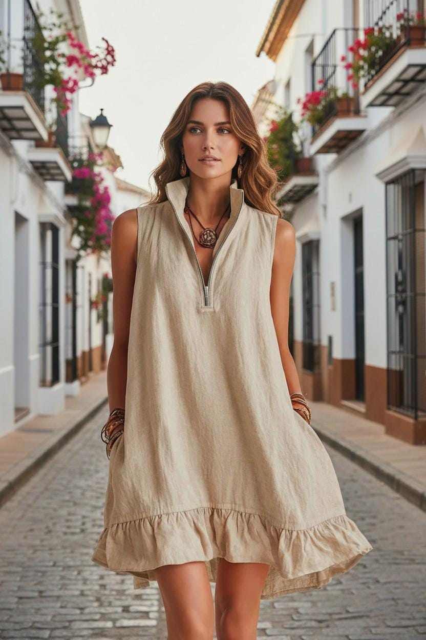Sleeveless Linen Maxi Dress, Boho Ruffle Hem Summer Style
