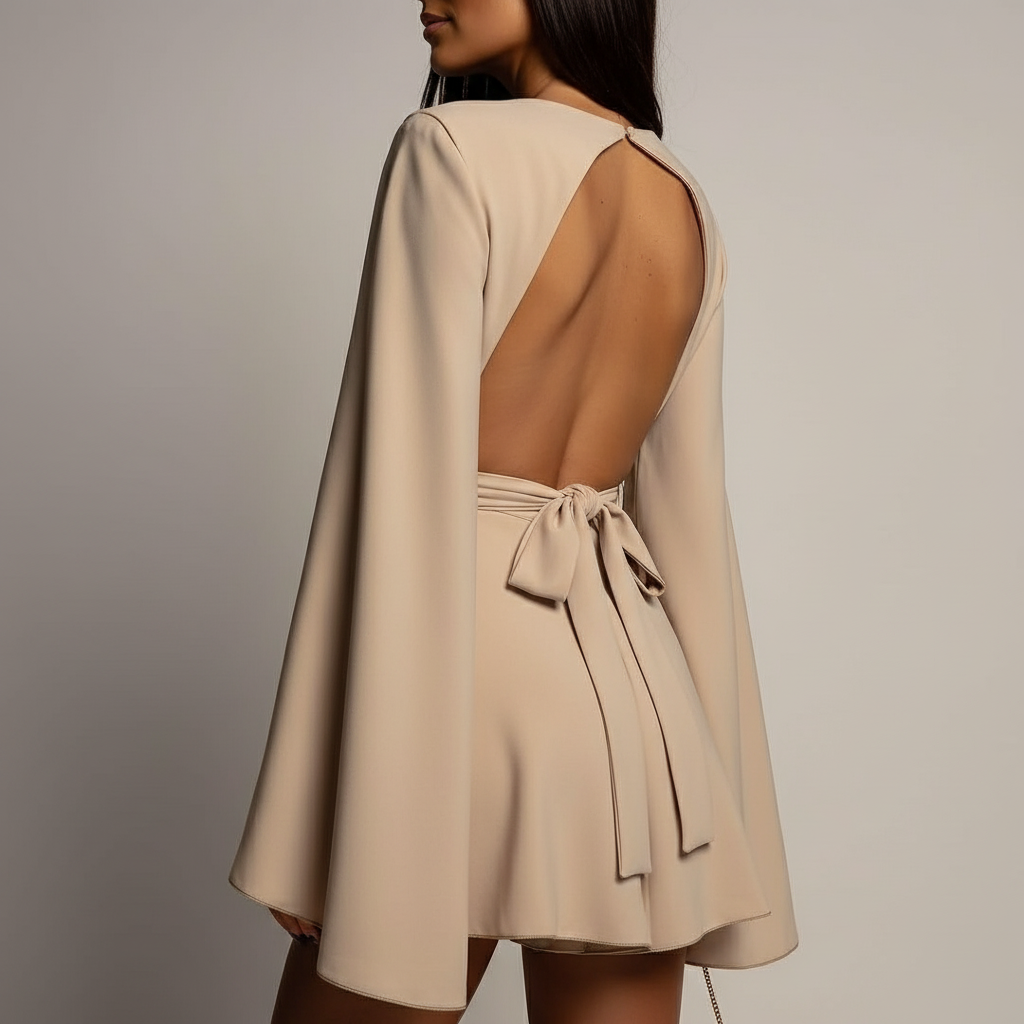 Lidia Elegant Backless A-Line Dress with Bell Sleeves