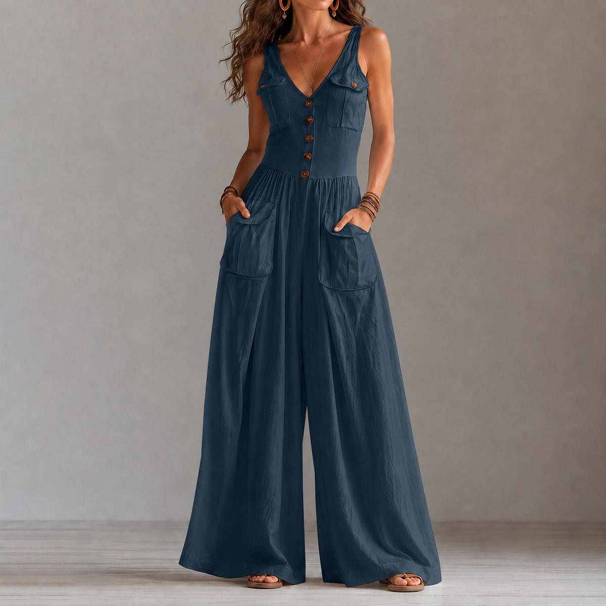 Retro V-neck Button-down Vest Jumpsuit