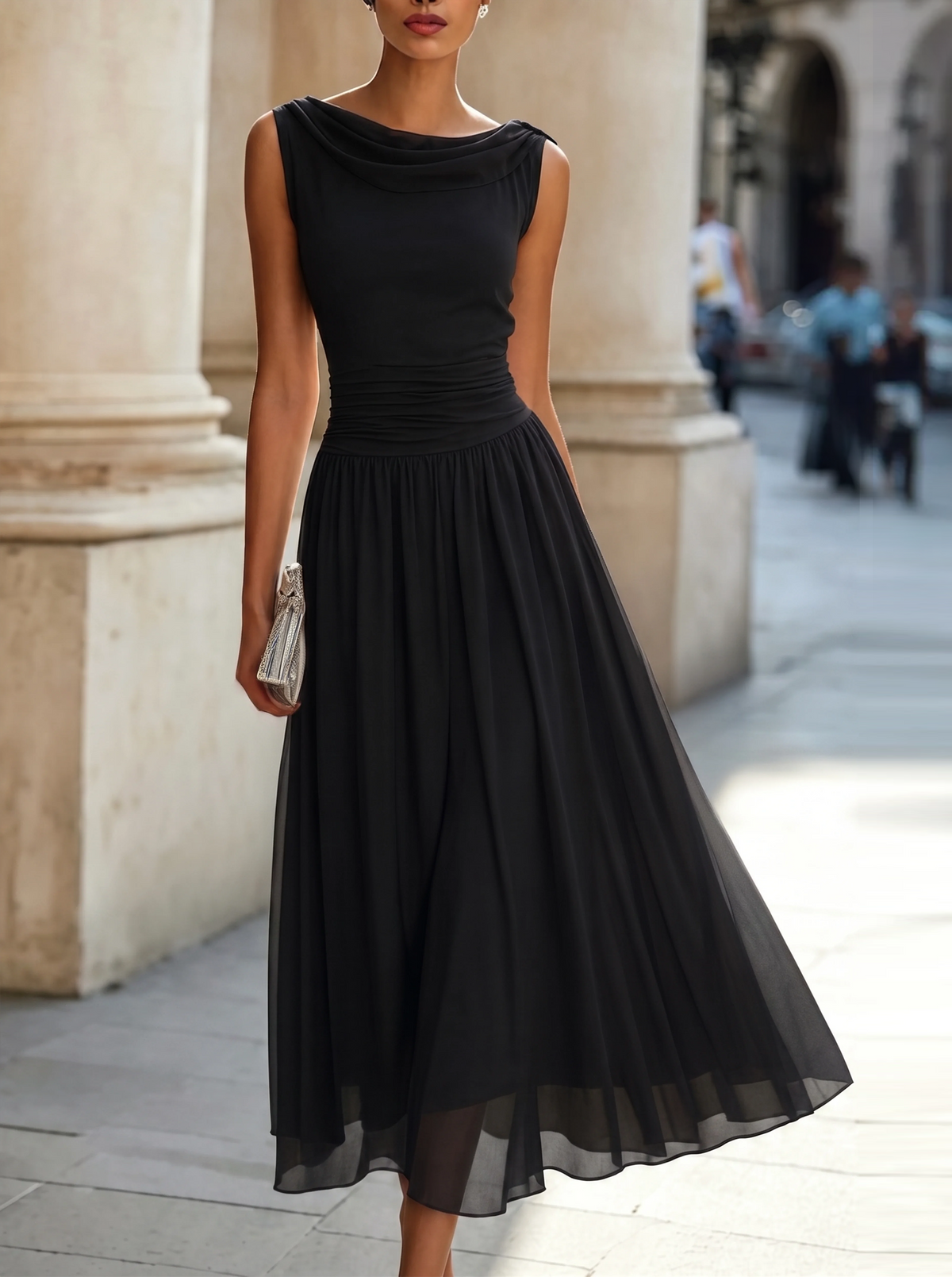 Sleeveless Pleated Midi Dress with Draped Neckline