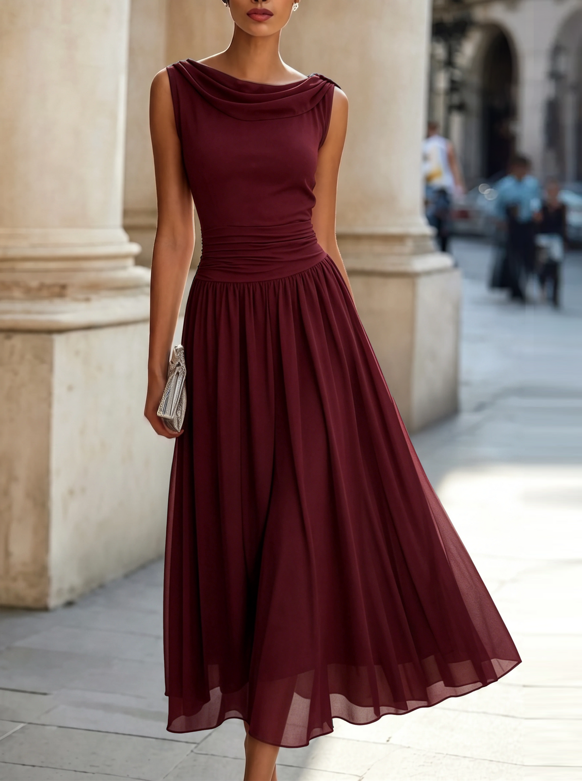 Sleeveless Pleated Midi Dress with Draped Neckline